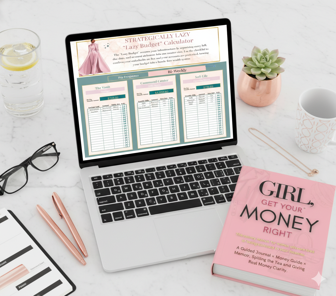 Girl, Get Your Money Right — book and Lazy Budget calculator on a desk